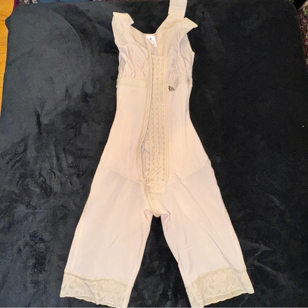 Beige Full-Body Faja Shapewear Bodysuit with Lace Trim